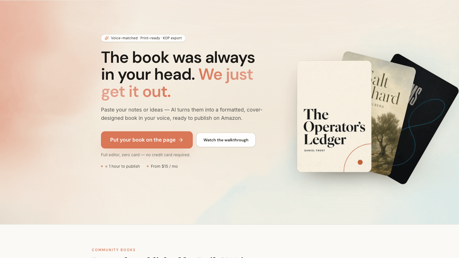Built&Written homepage showing AI book platform for coaches