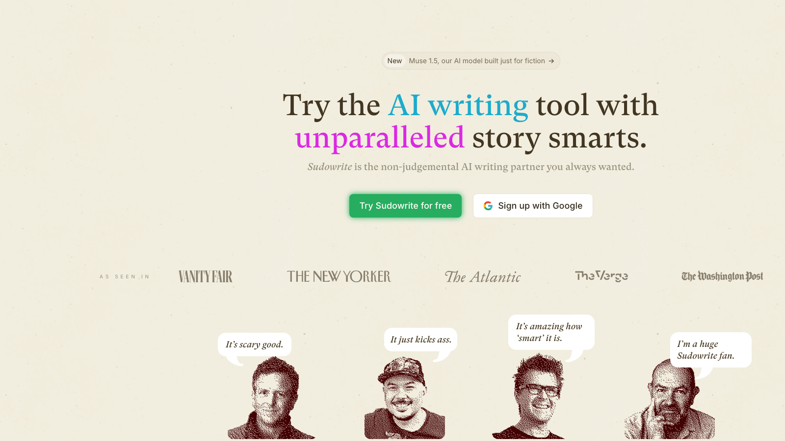 Sudowrite homepage showing fiction-first AI writing