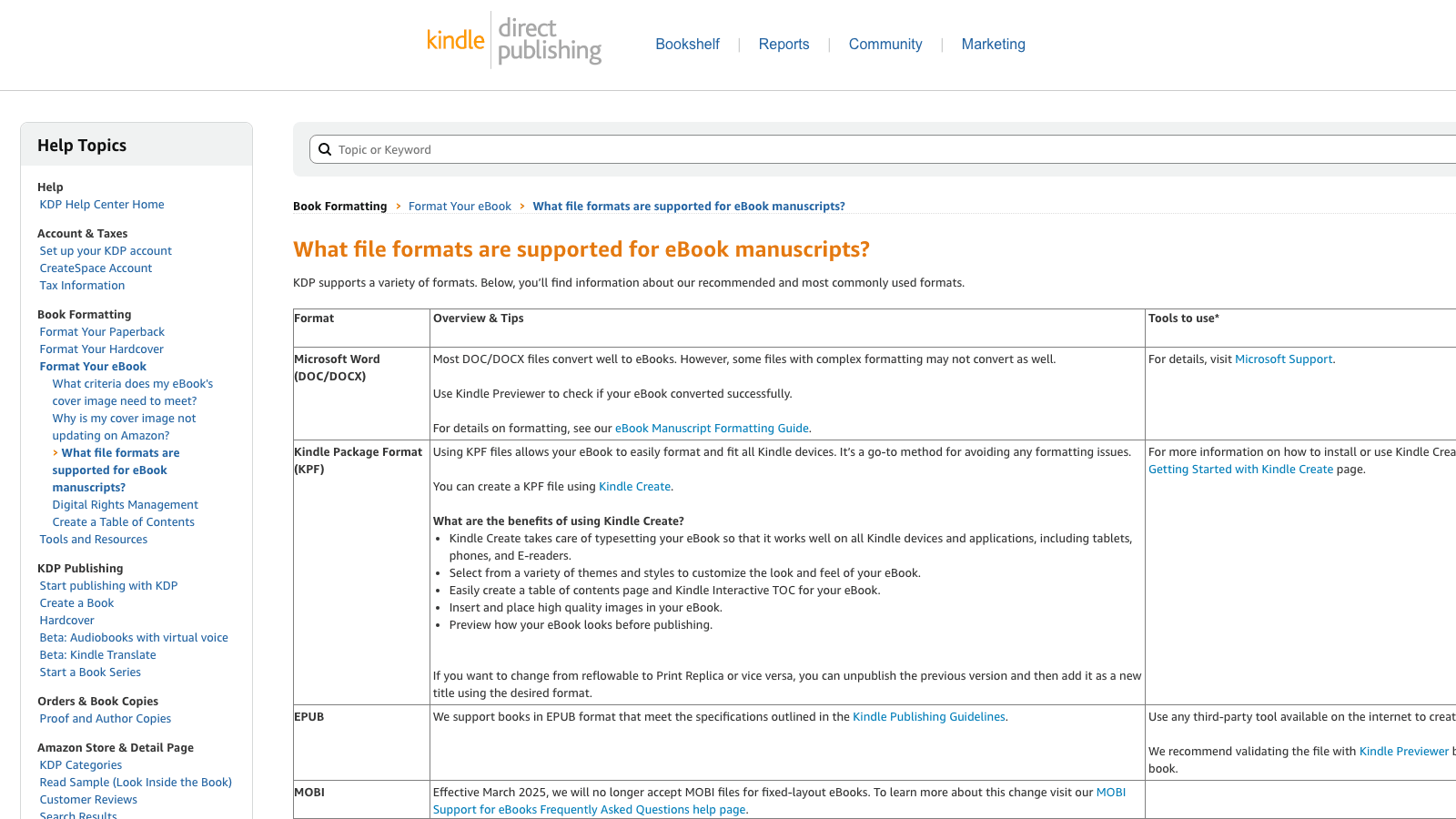 Amazon KDP help page on formatting requirements
