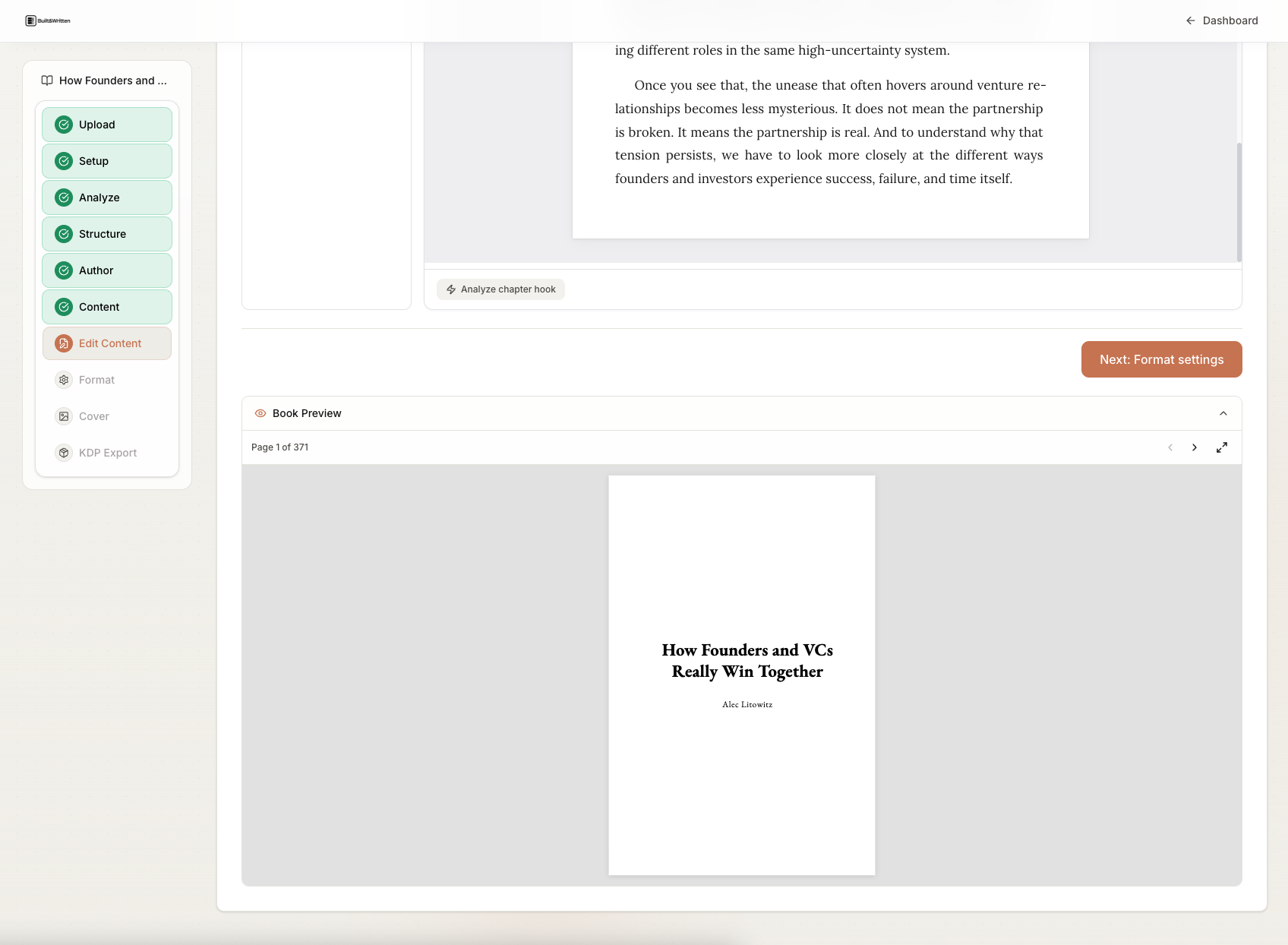 Built&Written: edit content view with Next: Format settings button and book preview at page 1 of 371