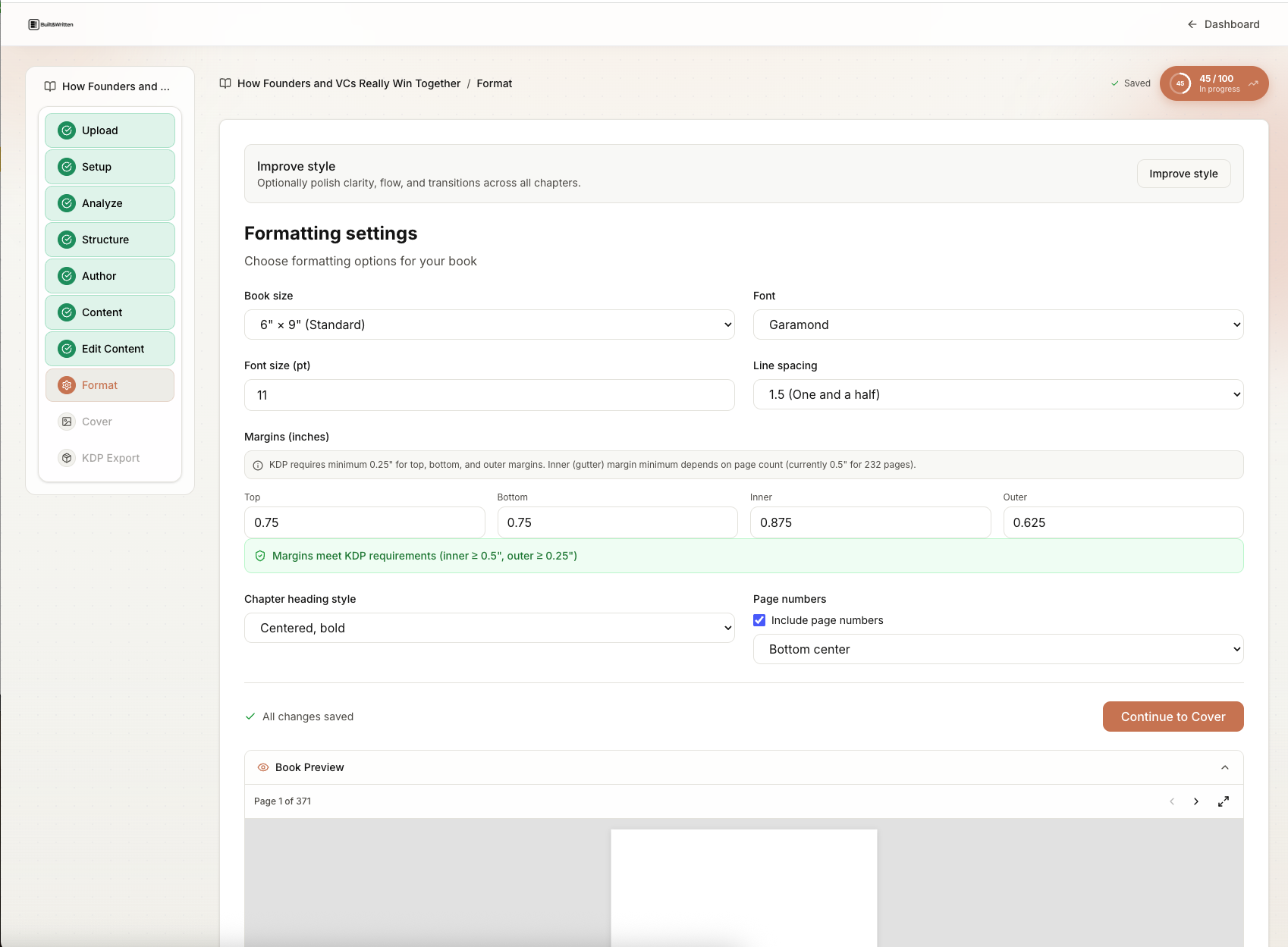 Built&Written formatting settings: book size, font, line spacing, margins