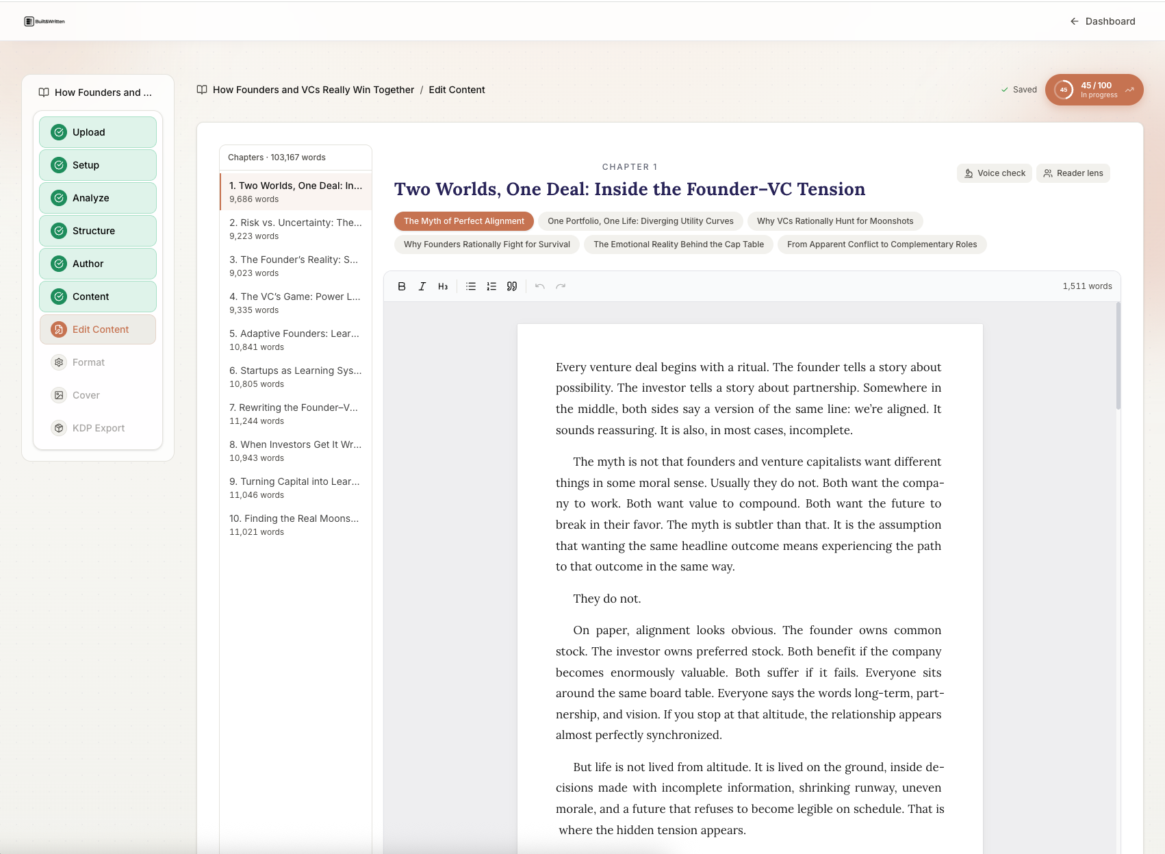 Built&Written: chapter editor with hook category badges visible at top