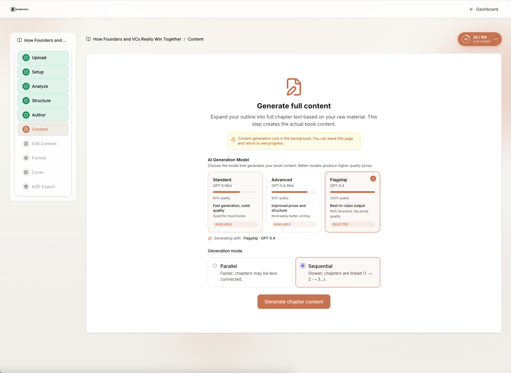 Built&Written: AI model picker showing Standard, Advanced, and Flagship options with Sequential and Parallel modes