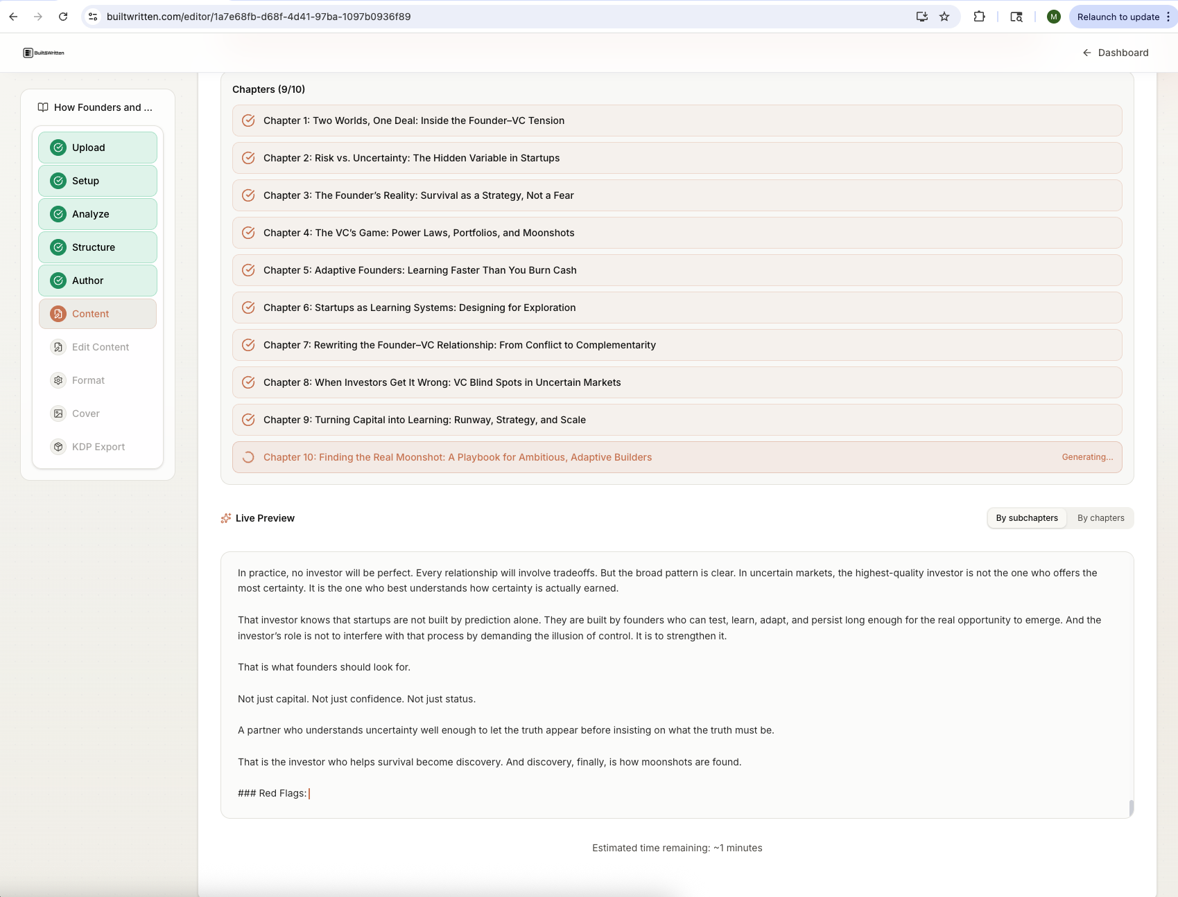Built&Written live chapter preview with subsection navigation during content generation