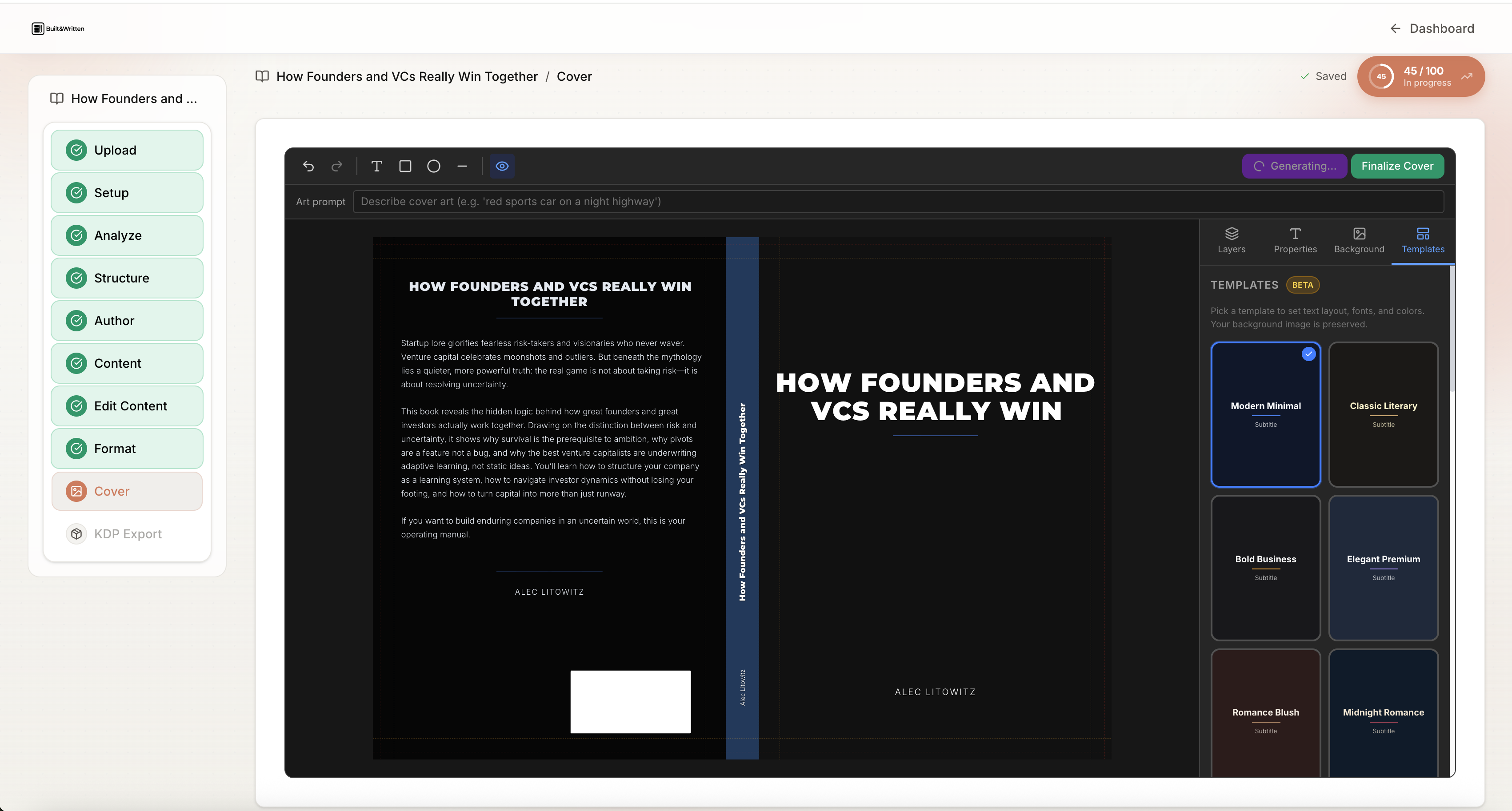 Built&Written: cover designer template panel with Modern Minimal, Classic Literary, Bold Business styles