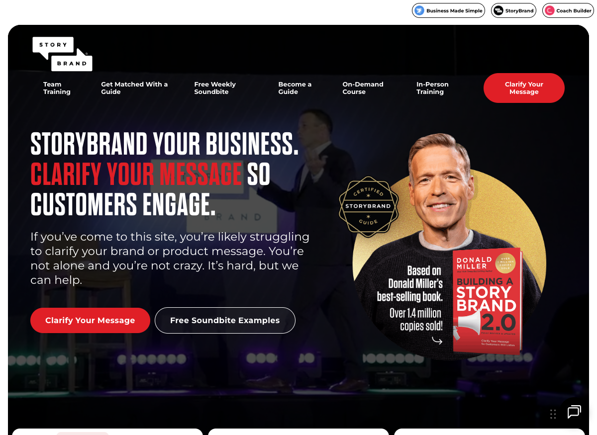 StoryBrand homepage with Donald Miller and Building a StoryBrand 2.0 book cover