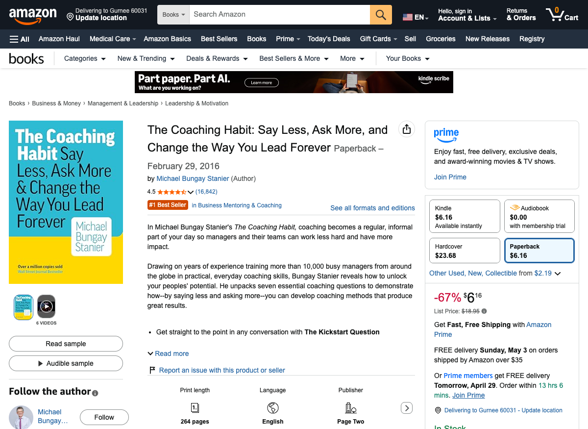 The Coaching Habit by Michael Bungay Stanier on Amazon: 264 pages