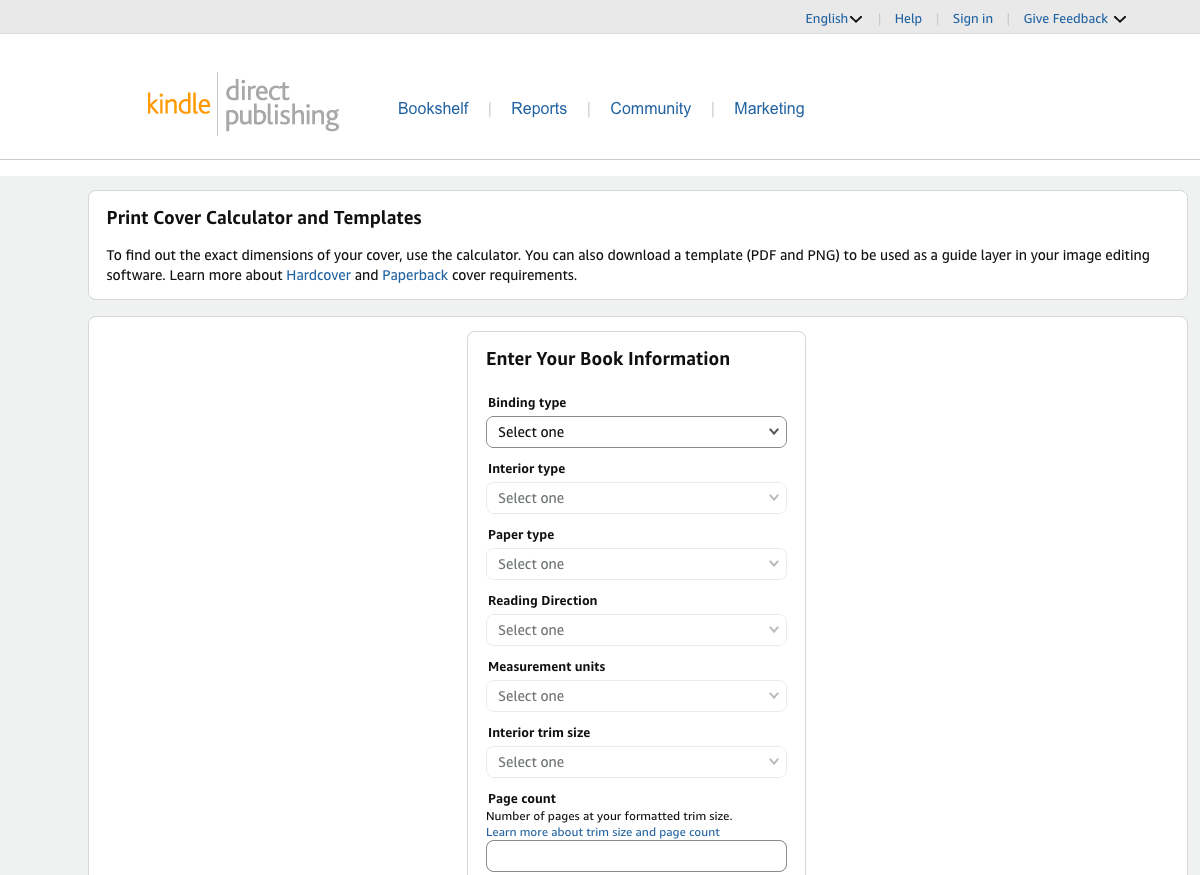Amazon KDP Print Cover Calculator: enter book information for spine width