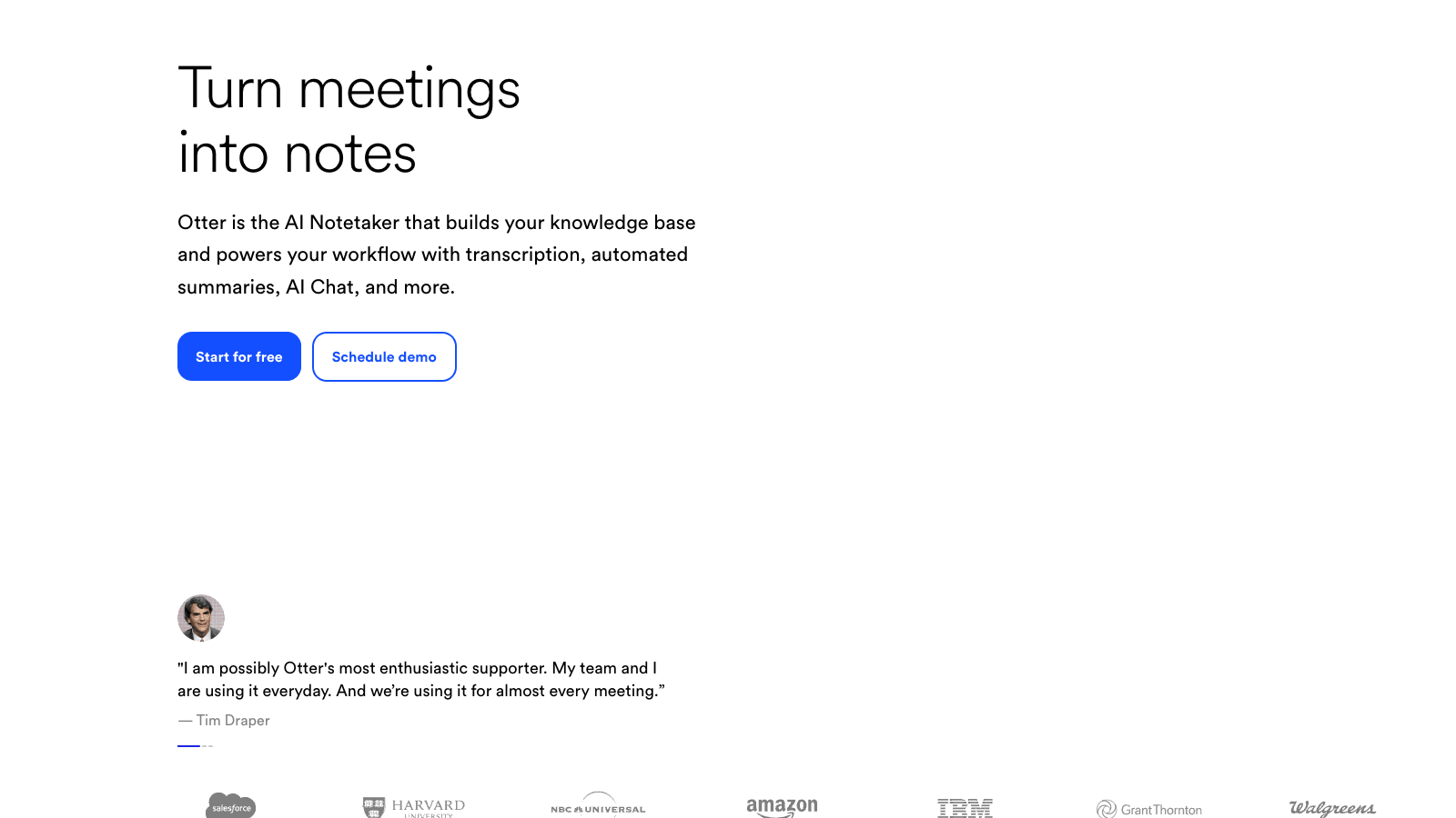 Otter.ai homepage showing transcription product