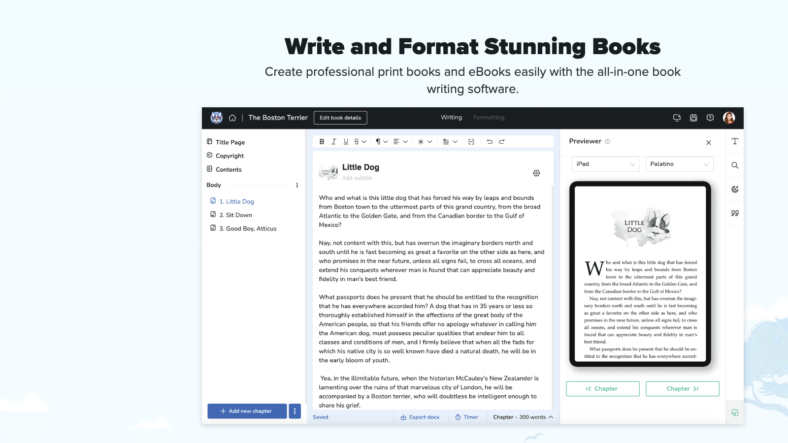 Atticus homepage showing book formatting interface