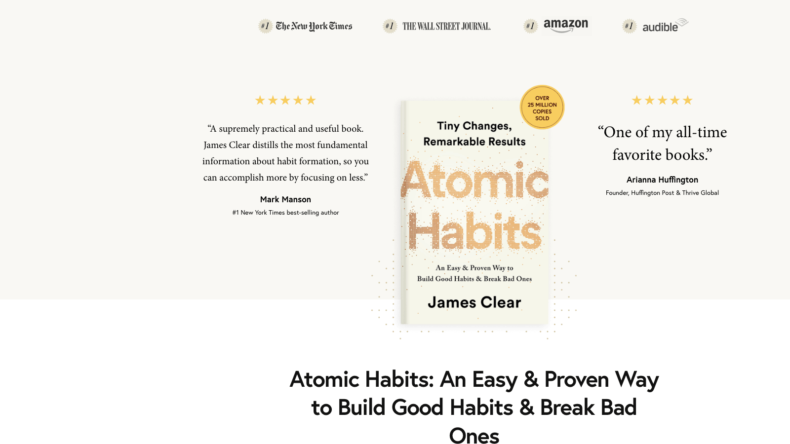James Clear's Atomic Habits landing page on jamesclear.com: a 25 million copy bestseller built around four laws of behavior change, with chapter-by-chapter overview that maps each chapter to a single law.