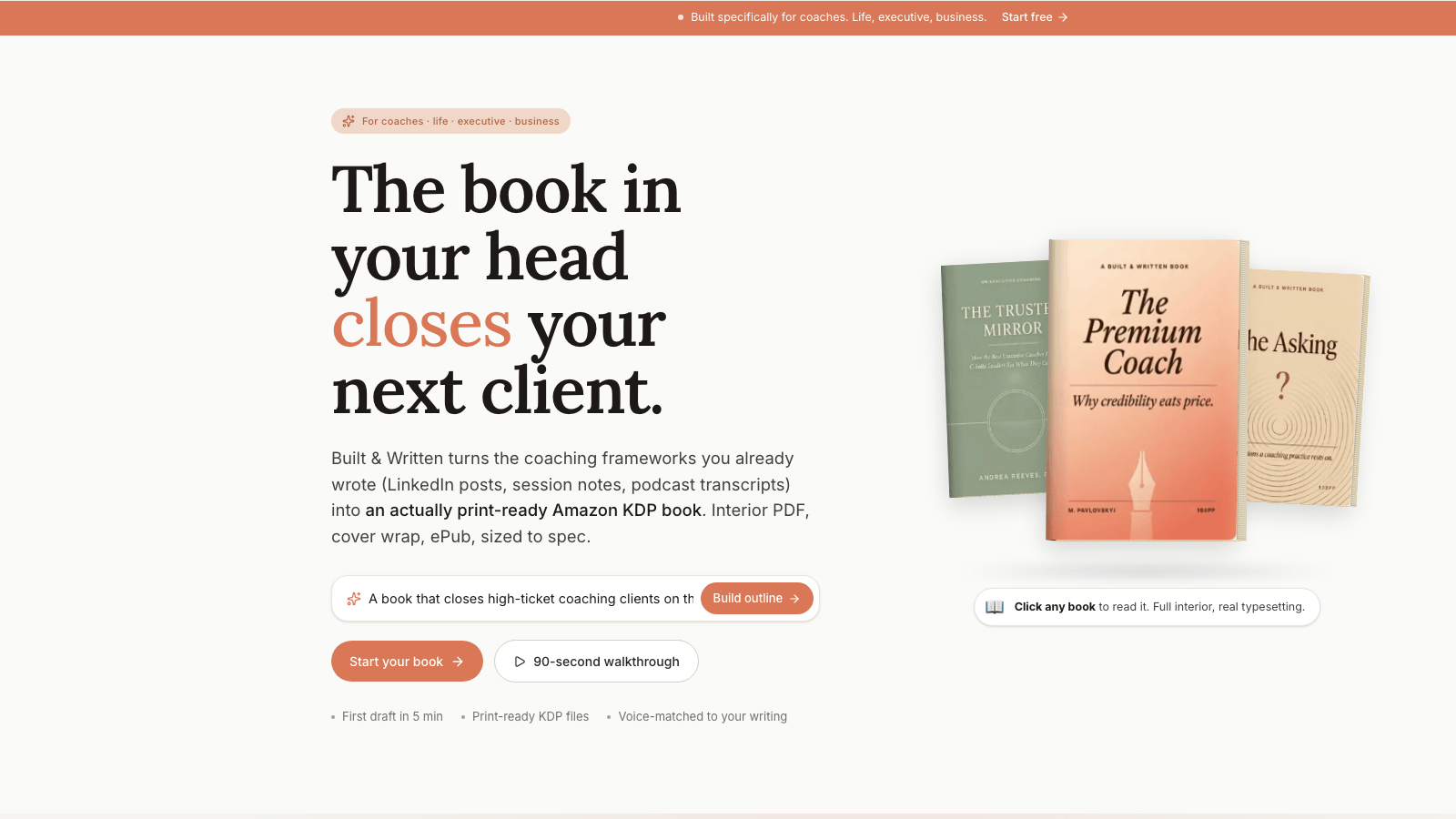 The Built&Written coaches landing page, showing the Voice DNA flow that lets coaches assemble a manuscript from LinkedIn posts, podcast transcripts, and existing notes.