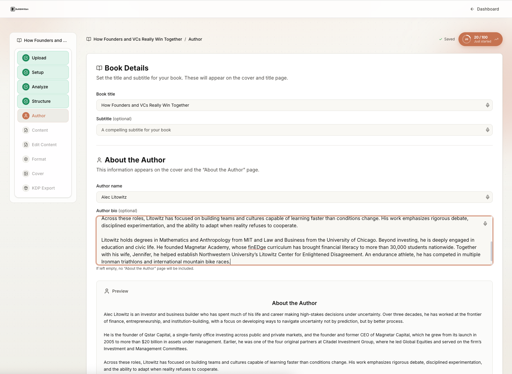 Built&Written author setup: Book Details and About the Author wizard