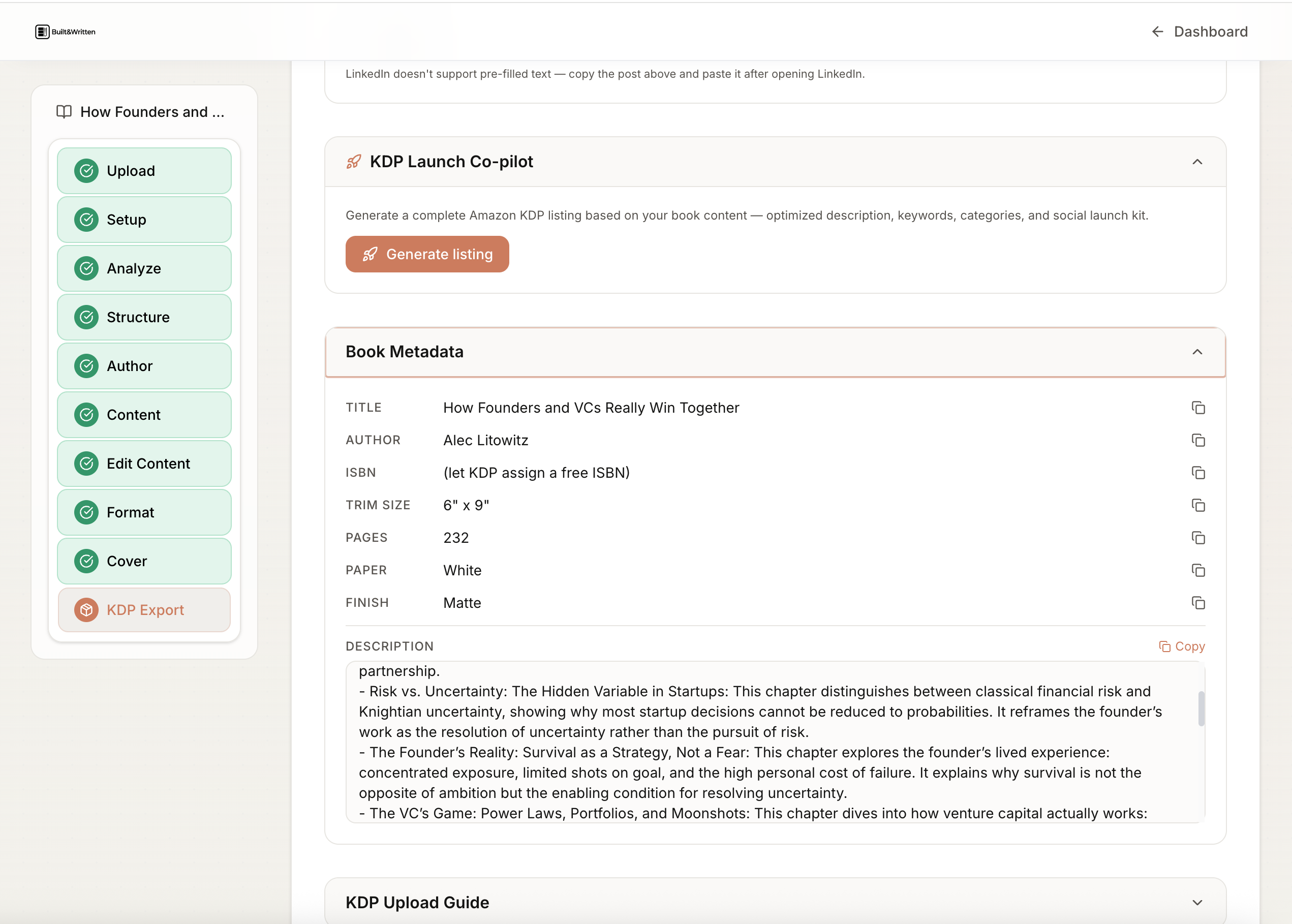 Built&Written: book metadata view with title, author, ISBN, trim size, page count, and description