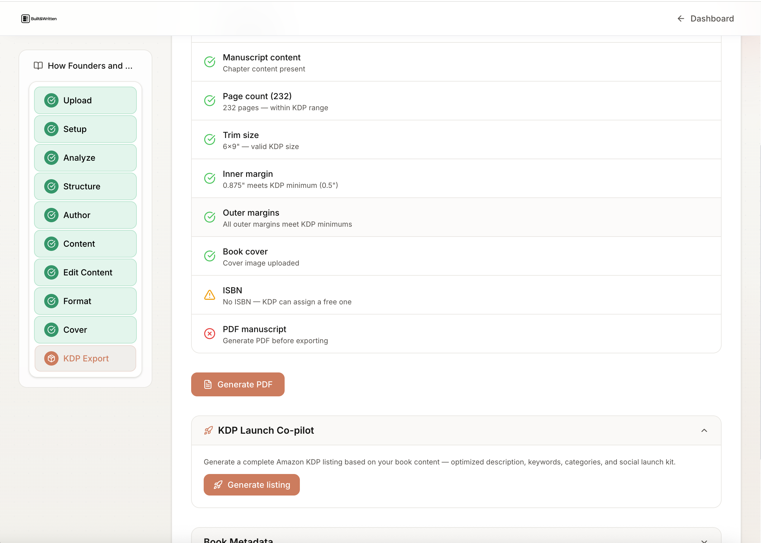 Built&Written KDP Export pre-flight checklist with green status indicators