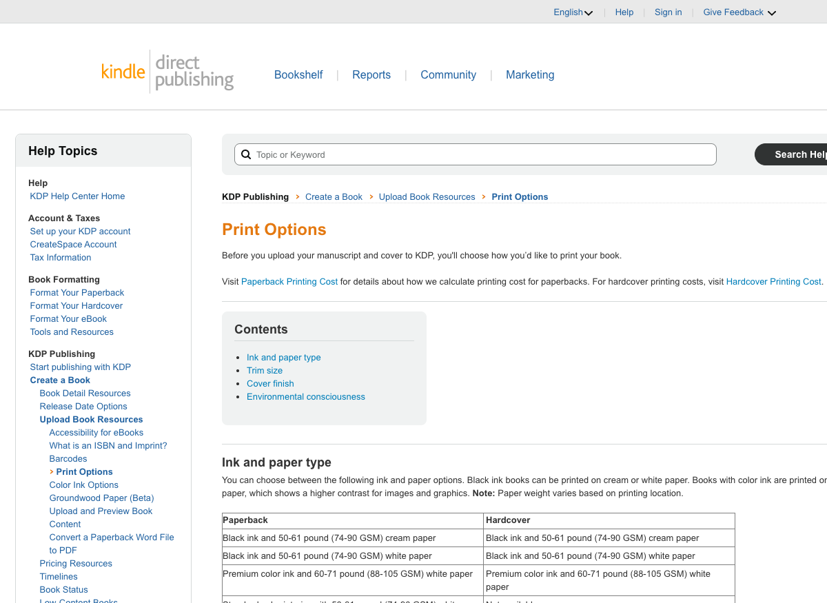 Amazon KDP help center: Print Options page
