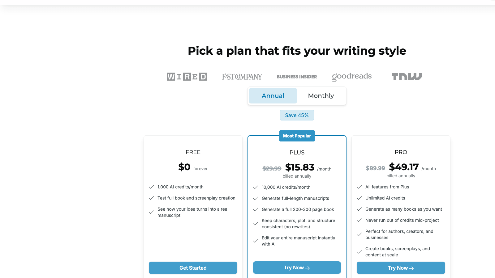 Squibler pricing page showing Free, Plus, and Pro tiers