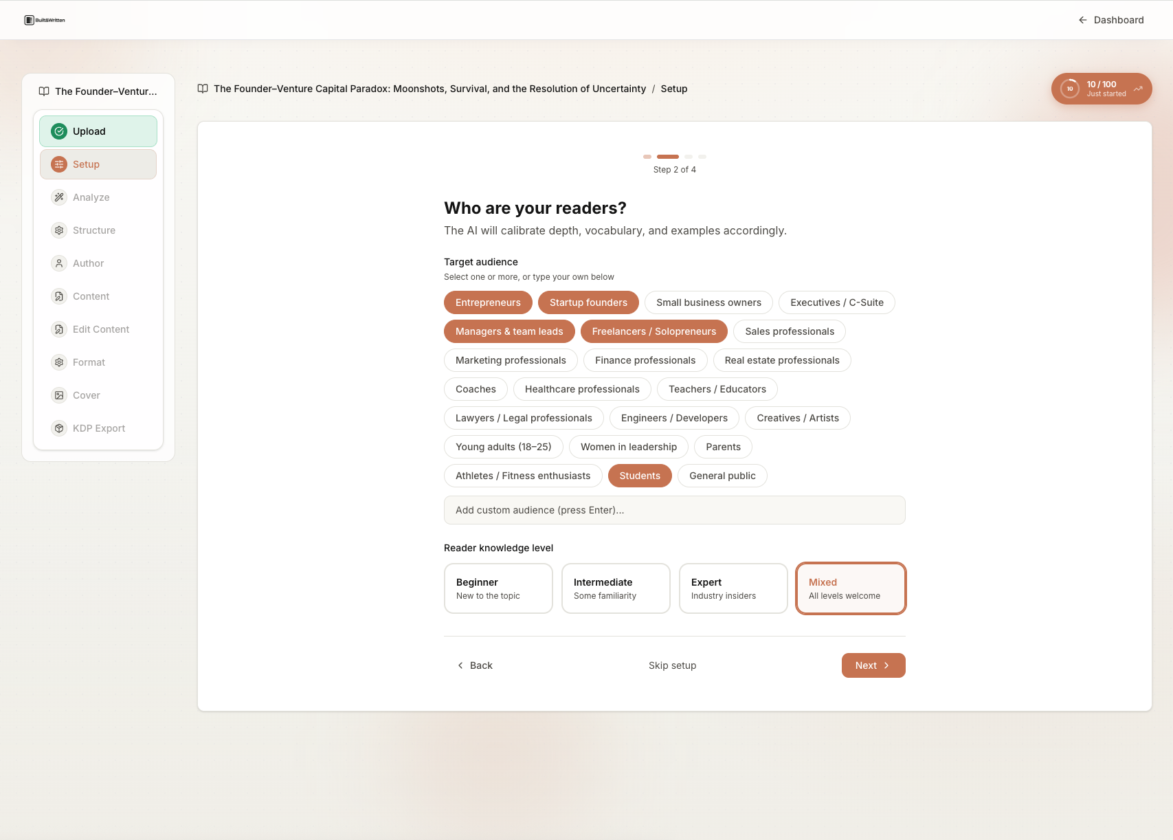 Built&Written setup wizard step 2: target audience selection