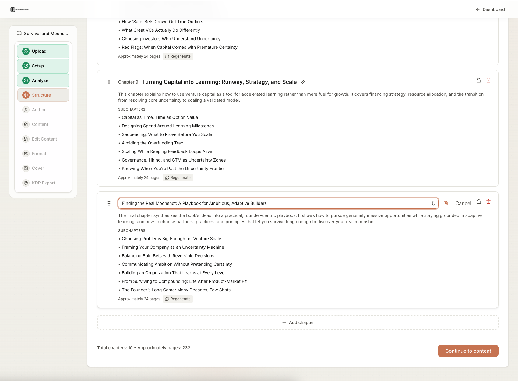 Built&Written: book structure view showing later chapters with subsections