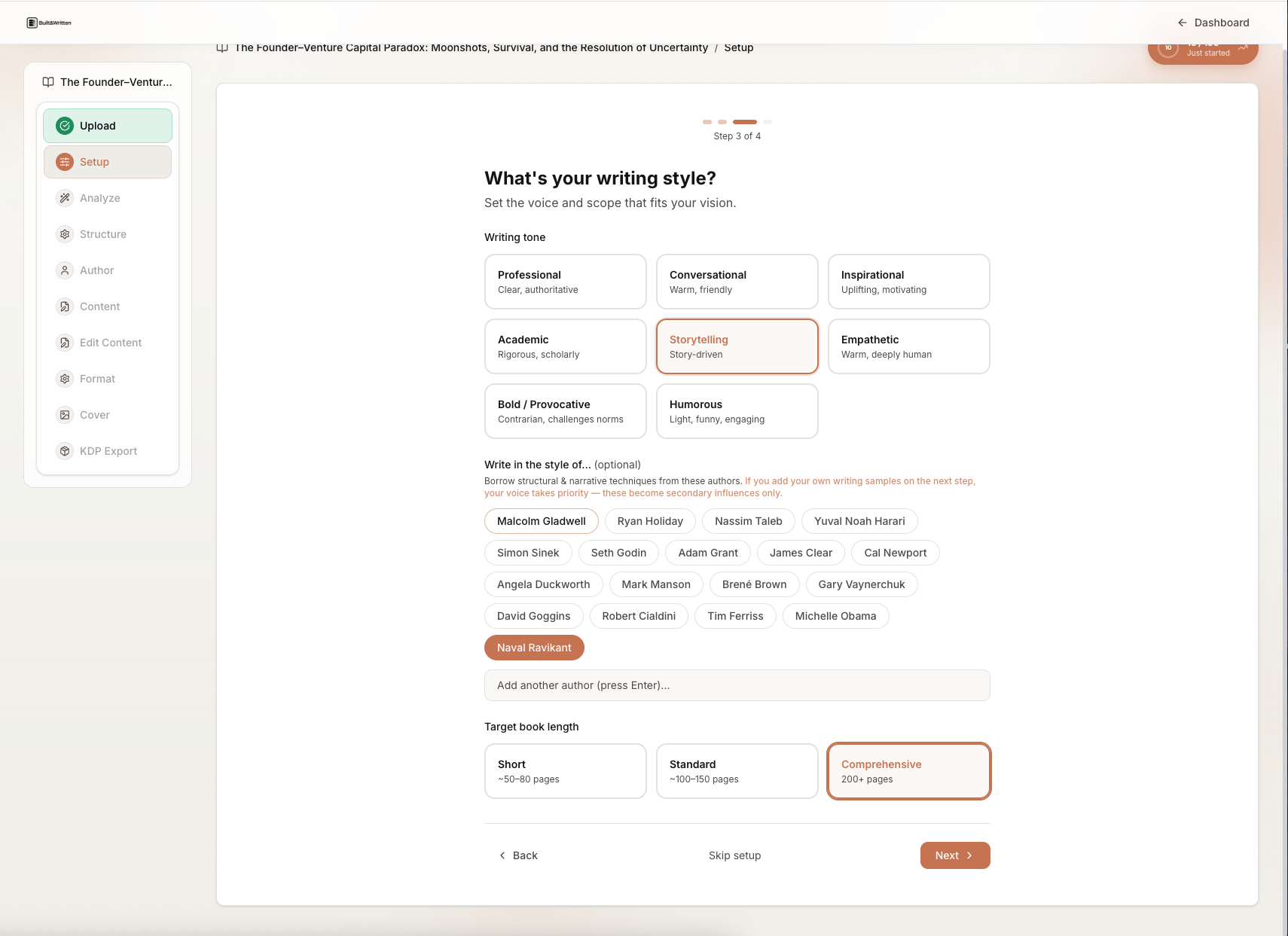 Built&Written setup wizard step 3: writing style with named author voice references