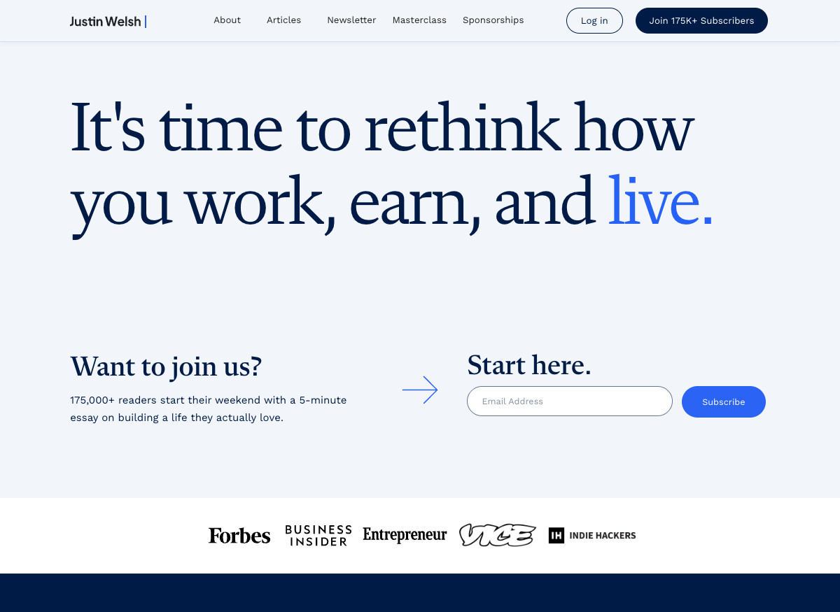 Justin Welsh website homepage: It's time to rethink how you work, earn, and live
